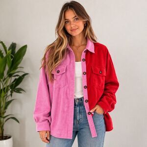 CHICSOUL Corduroy Colorblock Shacket Pink Red Oversized 3XL